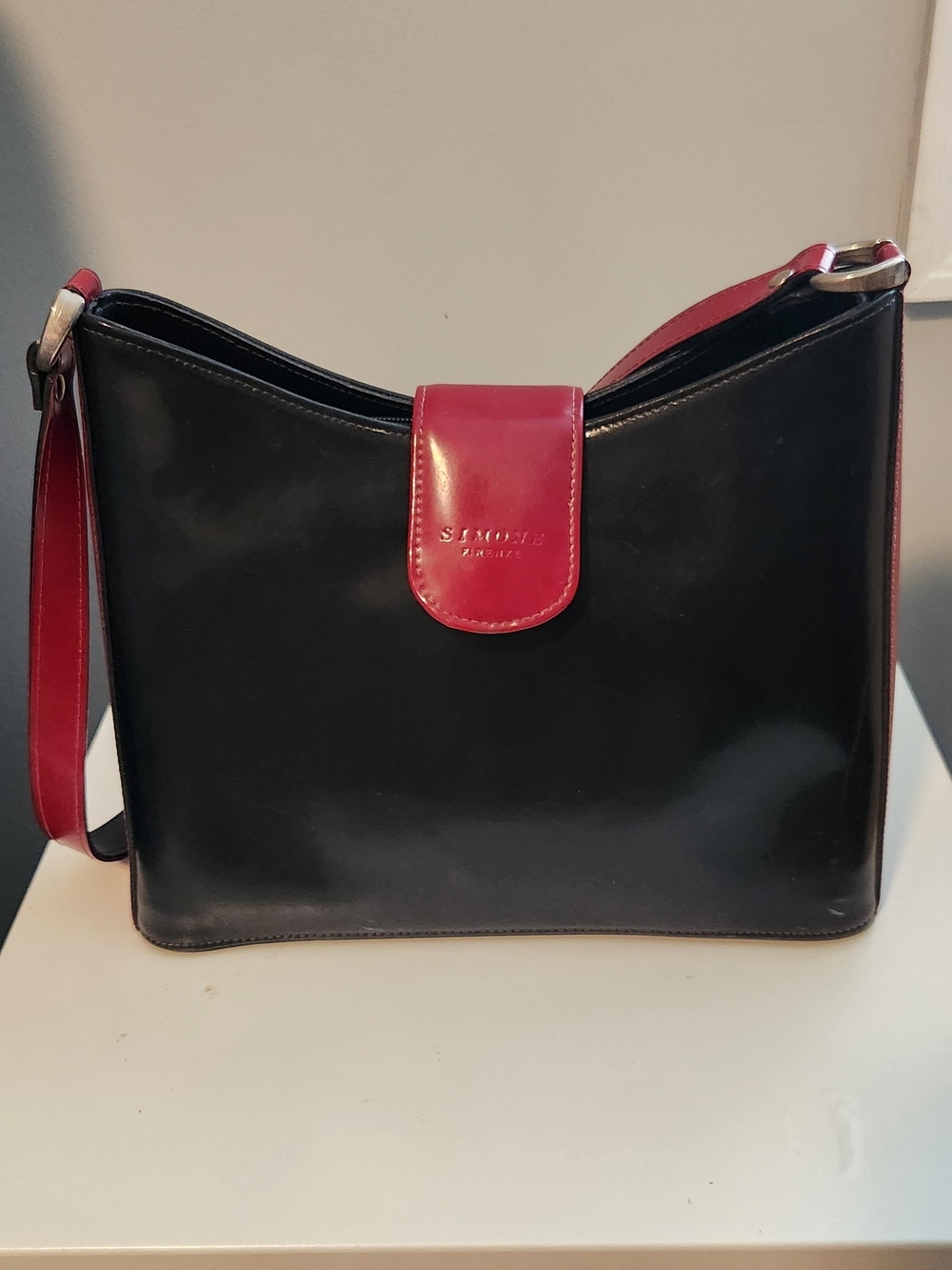 Simone Firenze Black & Red Leather Shoulder Bag Hand Made In Florence